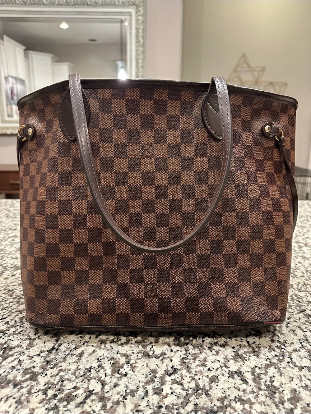 Louis Vuitton Brown Damier Canvas Shoulder Tote with Gold Hardware